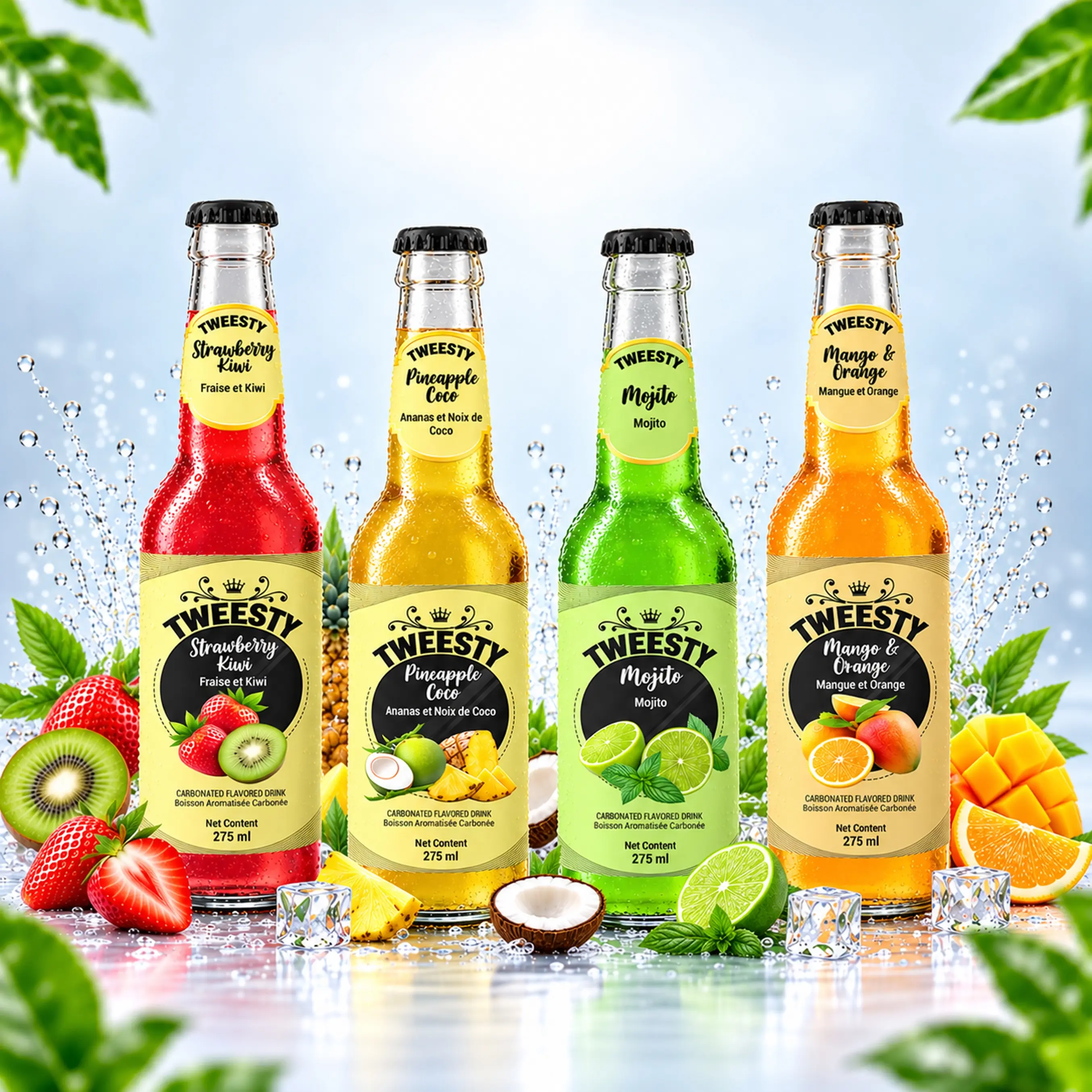 TWEESTY assorted carbonated flavoured drinks in Pomegranate, Mojito Strawberry, Mango Orange, Mojito, Strawberry Orange, Pineapple Coco and Mango Peach flavours, 285ml glass bottles